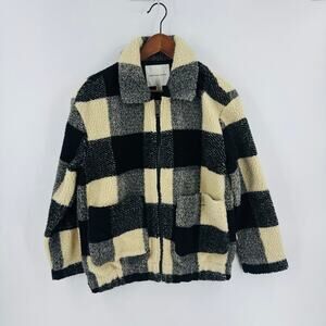 American Eagle Sherpa Jacket Zip Front Buffalo Plaid Check Black Cream Gray Cozy